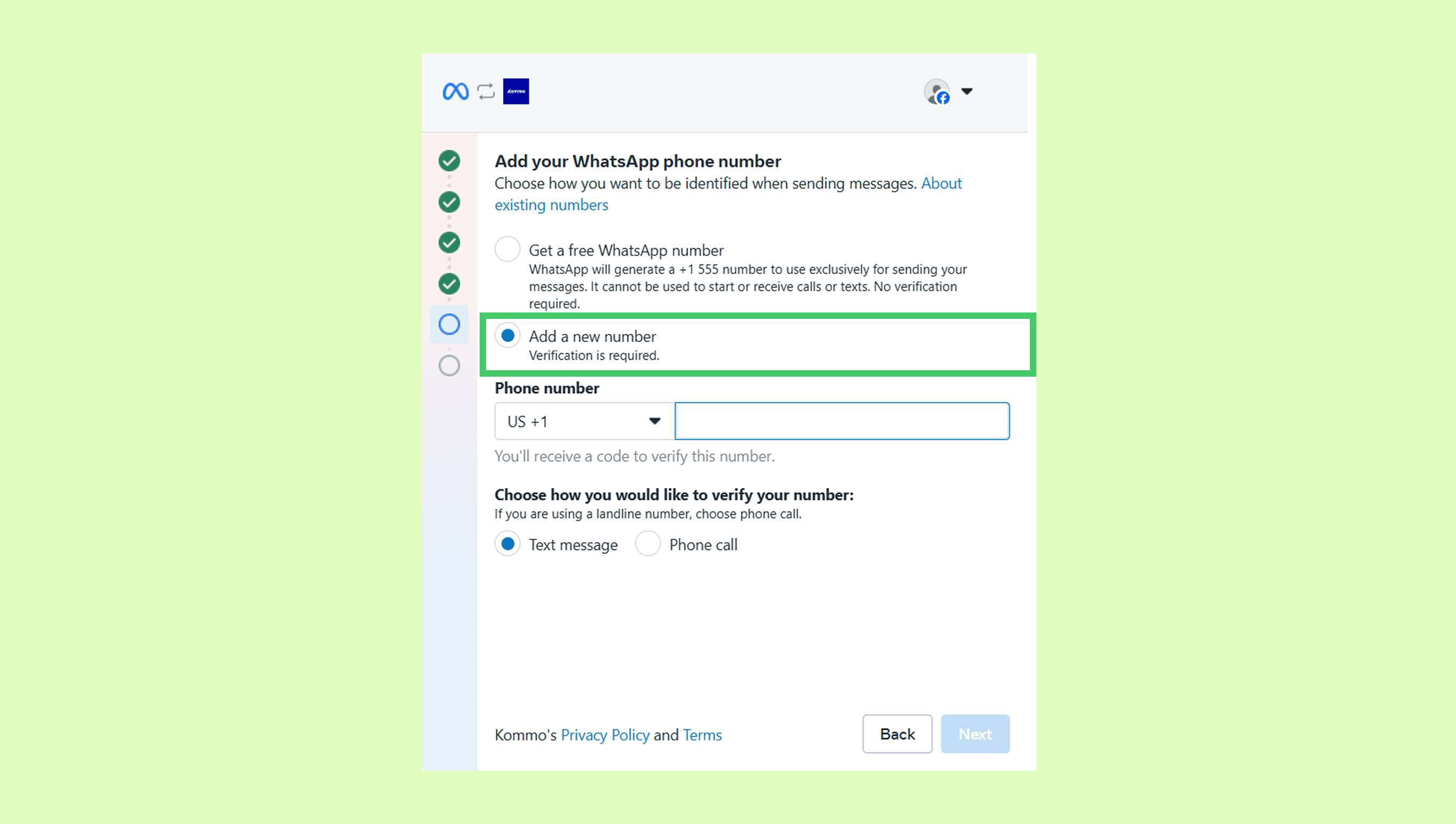 Instructions for adding a new WhatsApp phone number with verification details.